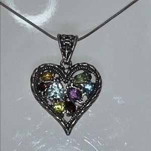 NWOT Designer Silver Heart Pendant Necklace with Genuine Multicolored Gemstones